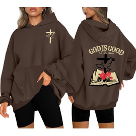MAXIMGR Christian Sweatshirts for Women God Is Good Hoodies Oversized Jesus Religious Sweater Bible Verse Pullover Tops Brown