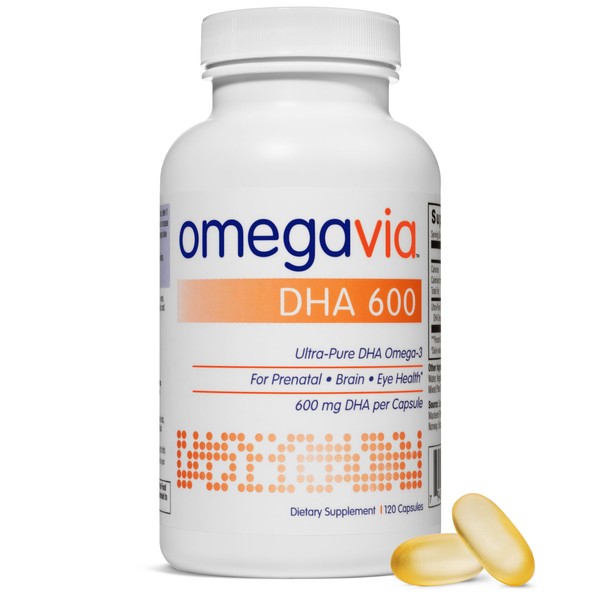 OmegaVia DHA 600 mg - Ultra-Pure DHA Supplements, Omega-3 for Brain & Eyes - Prenatal DHA Omega 3 Nutrient for Prenatal, Pregnant, and Nursing Women - Burpless, IFOS Tested for Mercury - 120 Capsules