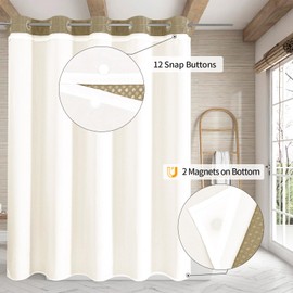 MitoVilla No Hooks Needed Extra Long Shower Curtain Liner Set, Beige 86 inch XL Heavyweight Waffle Fabric Cloth Shower Curtains Set with Snap-in Liner for Modern Luxury Hotel & Spa Bathroom Decor