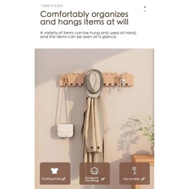 Beech-6 Hooks Wall Mounted Coat RackHooks Piano Key Hangers Natural Solid Wood Hangers Non-Woven Fabric Clothes Hangers for Closet, Kitchen, Bedroom, Bathroom, Entryway (NaturalWood, 4 Hooks)