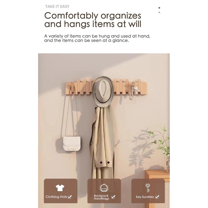 Beech-6 Hooks Wall Mounted Coat RackHooks Piano Key Hangers Natural