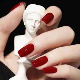 Red Press on Nails Medium,Nails Press on Solid Colour Square Fake/False Nails with Press ons Designs Acrylic Press on Nails Gloss Artificial Nails Stick on Nails for Women 24pcs