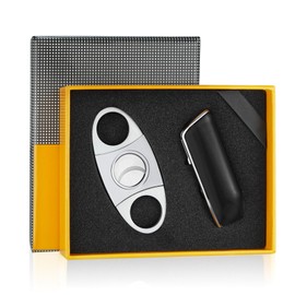 Cigar Torch Lighters with Cutter Set Triple Jet Flame Lighter with Punch Butane Torches Refillable Lighter for Men (Without Gas) (Black)