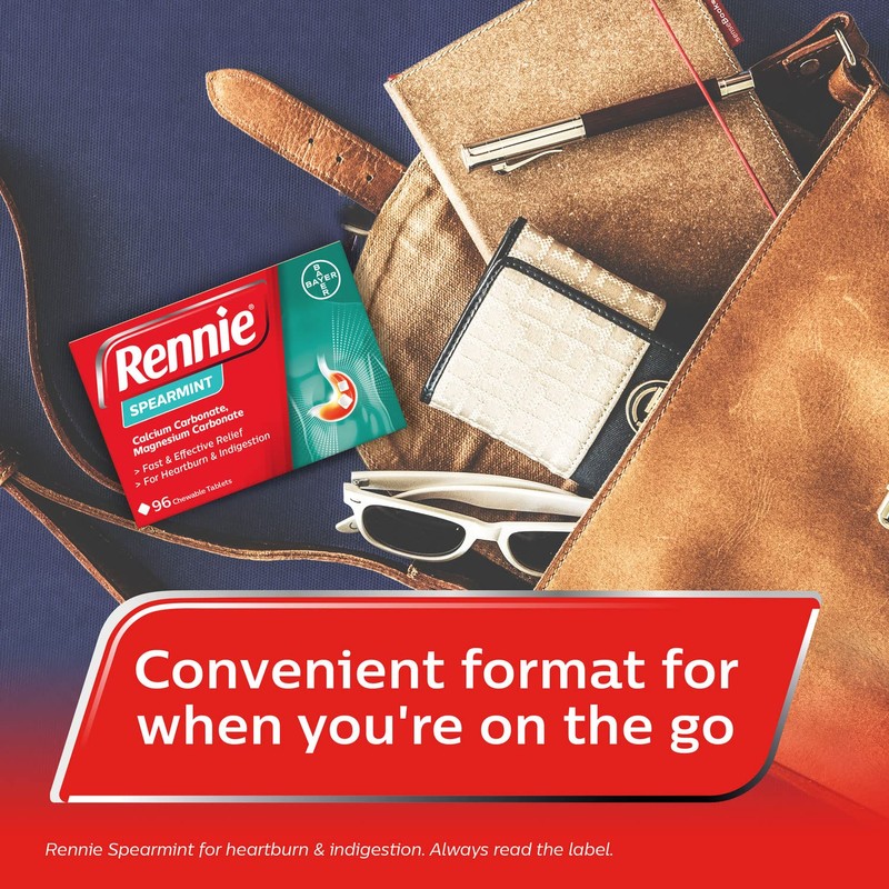Rennie Rennie Antacids, Spearmint Flavour Heartburn Relief and Indigestion Tablets,