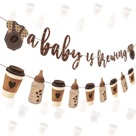 A Baby is Brewing Baby Shower Supplies Coffee Theme Baby Brewing Banner 2PCS Welcome Baby Shower Decorations Coffee Cup and Babies Bottle Hanging Banners for Brown Gender Reveal Party Decor