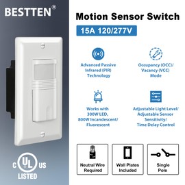 BESTTEN 5 Pack Motion Sensor Light Switch, PIR Vacancy & Occupancy, 800W 1/6 HP, 120/277V, Single Pole, Neutral Wire Required, Wallplate Included, UL Listed, White