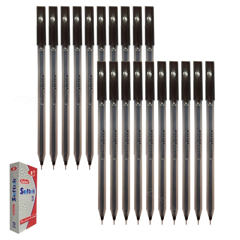 SAINO Softek Ballpoint Pens, BLACK, Fine Point (0.7mm), Pack of
