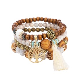 DkakoJew Pack of 4 Bracelets Wooden Beads Tassel Bracelet, Women Tree of Life Charm Statement Bangles, Crystal Bead, Chakra Bracelet for Women, Wood