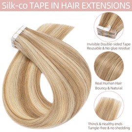 Silk-co Hair Extensions Tape in Human Hair 40 Pieces #12P613 Golden Brown&Bleach Blonde Real Human Hair Extension Skin Weft Straight (14inch 80g/Set)