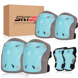 SKT HP Protective Gear for Adults, Knee Pads Elbow Pads Wrist Guards for Inline Skating Biking Skateboarding (Grey Blue)