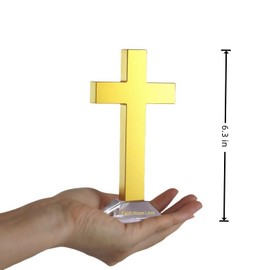 Mysphex Hand Blown Art Glass Cross Standing Figurine with Engraved Glass Base | Religious Home Decor | 6.3'' H x 3.2'' W | Indoor/Outdoor Use | Gift Box Included (Gold, God Bless You)