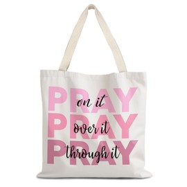 LUVADIAN Pray On It Pray Over It Pray Through It Christian Bible Verse Tote Bag, Christian Gifts for Women, Religious Gifts for Women, Bible Verse Gifts, Reusable Grocery Bags Shopping Bags