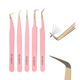 Ms.Queen Eyelash Extension Tweezers Set,5Pcs Fiber Tip Grip Isolation and 45 90 Degree Volume Lash Tweezers for Eyelash Extensions