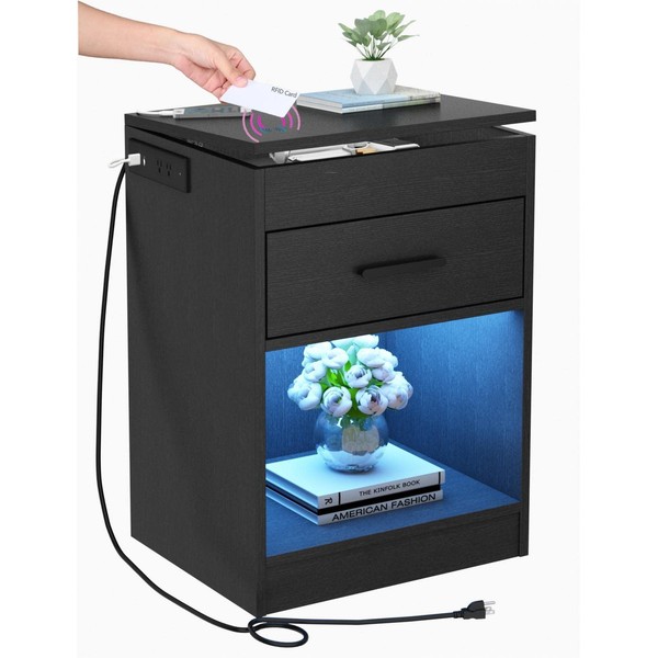 Auromie Nightstand with Charging Station and LED Lights, Concealment Furniture