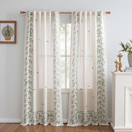 MYSKY HOME Boho Linen Blend Curtains 84 inches Long for Living Room Leaf Bird Patterned Farmhouse Drapes Light Filtering Privacy Protect Soft Touch Treatment Back Tab for Home, 50" Wide, Green, 2 Pcs