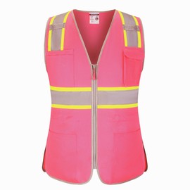 Hi Vis Safety Vest for Women, Working Drawstring waist Construction Vest with Pockets and Zipper, Womens Safety Vest, ANSI Type R Class2