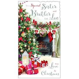 Jonny Javelin Sister and Brother in Law Christmas Card - Festive Fireplace and Christmas Tree Scene and Special Finishes - Single Xmas Cards with Envelopes