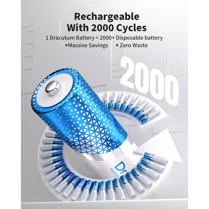 Dracutum Rechargeable AAA Batteries 8 Pack, 1300mWh High Capacity 1.5V