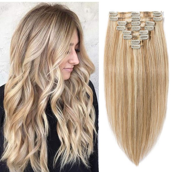 S-noilite Clip in Hair Extensions Human Hair Balayage Standard Weft Short Blonde Hair 100% Real Human Hair 8 Pieces 18 Clips Straight 10"-75g Light Golden Brown/Bleach Blonde (#12/613)