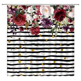 Burgundy Floral Shower Curtain Retro Red Flower Black and White Striped Rustic Spring Elegant Fantasy Women Bathroom Curtains Bathtub Decor with Hooks