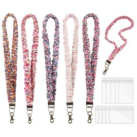 5PCS Stretchy Scrunchie Lanyards for ID Badges Keys with 10 Acrylic Badge Holders, Cute Neck Keychain with Clip for Teacher Nurses School Office
