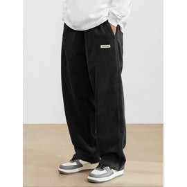 80s Men's Loose Letter Patched Drawstring Waist Straight Leg Pants, Casual Streetwear Pocket Corduroy Trousers for Daily Wear, Work Pants for Men,  Pants for Men, Fashion Men's Bottoms for All Seasons - Color: Burgundy, Size: XL