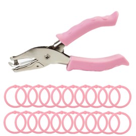 MANJIAMEI Handheld Hole Punch with 20 Pcs Loose-Leaf Binder Rings, 6mm Metal Single Hole Pliers Puncher with Soft-Handled, Portable Paper Punchers for DIY Craft Tags Clothing Ticket Scrapbook (Pink)