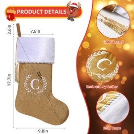 Yehnois 19.5 Inches Initial Monogram Christmas Stocking,Gold & White Velvet Embroidered Gold Letter Stocking with Tassel Decoration,Xmas Fireplace Holiday Party Decor(Gold Letter M)