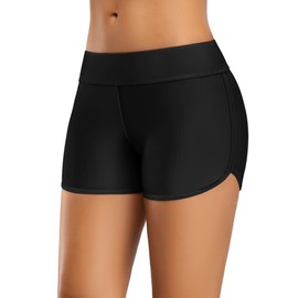 Charmo Ladies Swimming Shorts Sporty Bathing Suit Bottoms Side V Slit Boyshorts Swimwear Black M