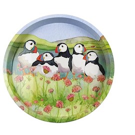 Emma Ball Colourful Round Tin Tea/Drinks Tray - Puffins in Sea Thrift Design - 32 cm