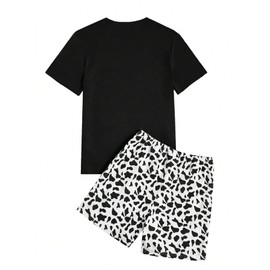 WDIRARA Men's 2 Pieces Sleepwear Cartoon Cow Print Short Sleeve Top and Shorts Pajama Set Loungewear