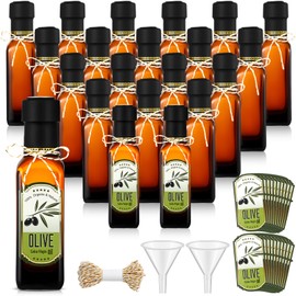 Reallnaive 20 Pcs 4 oz Mini Glass Olive Oil Bottles Empty Sauce Condiment Bottles with Dropper Inserts and Sticker Seals Caps for Gifts Kitchen(Brown,Sqaure)