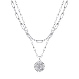 Ursteel Layered Initial Necklaces for Women - 14K Gold Plated Dainty Layering Paperclip Chain Necklace, Layered Initial Coin Pendant Chain Necklaces for Women Jewelry Valentine's Day Gifts, Brass, No