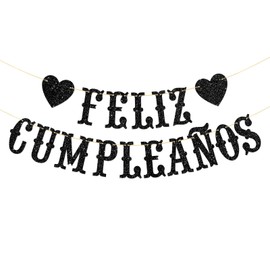 Feliz Cumpleaños Banner - Boy Girl Kid Adult Spanish Happy Birthday Party Garland Supplies - Fiesta Birthday Anniversary Party Decorations - Black Glitter