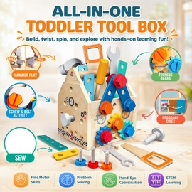 puzgic Educational Stem Kid Toys – Wooden Tool Set 4-in-1 Activity Board with Latches, Screw Assembly, Gear Game & Storage – Pretend Construction Toy for 3, 4,5,6,7 Years Boys & Girls