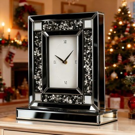 SHYFOY Luxury Crystal-Embedded Mirrored Table Clock, Elegant Decorative Clock with Roman Numerals for Home & Office, Silver Glam Desk Clock Home Decor