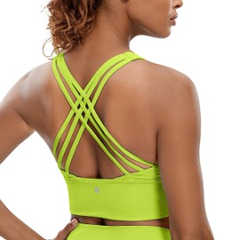 CRZ YOGA Strappy Longline Sports Bras for Women - Wirefree Padded Criss Cross Yoga Bras Cropped Tank Tops Chartreuse Medium