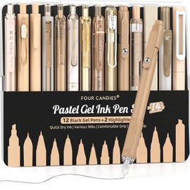 Four Candies Gel Ink Pen Set, 14 Pieces Pen Set with Case, Cute Notes, 0.5mm Fine Point, Retractable 12 Black Ink Pens with 2 Highlighters (Brown)