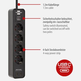 Brennenstuhl Brennenstuhl Ecolor Steckdosenleiste 4-Fach mit USB-Ladebuchse (Mehrfachsteckdose mit 2X USB C, Schalter und 1,5m Kabel) schwarz