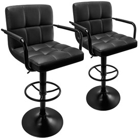 Huracan Bar Stool Set of 2 Swivel Counter Height Bar Chairs with Arms and Back - Black (Black Base, 2pcs)