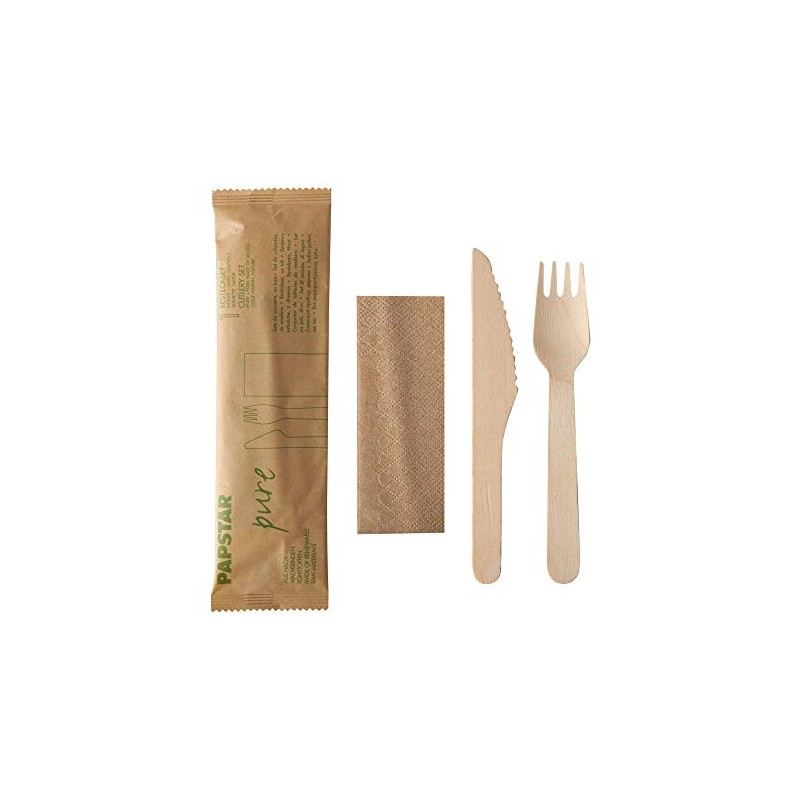 VEPATIM 50 Einweg Holzbesteck Set Messer Gabel Serviette natur einzeln