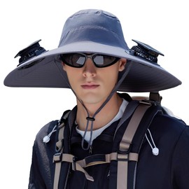 Outdoor Wide Brim Sun Hat with 2 Solar-Powered Fans,Sun Bucket Hat for Men & Women,Fishing hat, Beach hat (US, Alpha, One Size, XX-Large, Dark Gray)