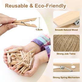 200 Pcs Mini Wooden Pegs with 30m Jute String, 3.5 cm Natural Craft Pegs