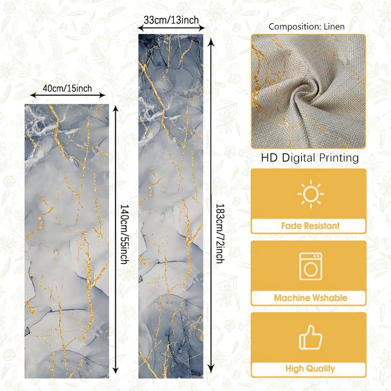 Spring Table Runner Marble Blue Gold Black Grey Farmhouse Retro