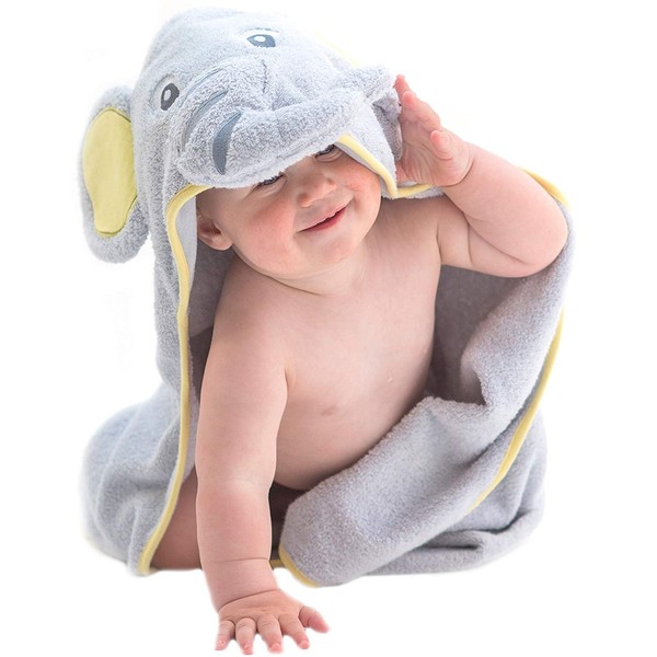 Little Tinkers World Elephant Hooded Baby Towel Natural Cotton 30x30-Inch size (Gray Small)