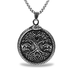 bahamut Mens Viking Fenrir Wolf Valknut Jormungandr Odin Raven Yggdrasill Pendant Necklace Stainless Steel, Norse Amulet Jewelry Gifts, Large, Stainless Steel, No Gemstone