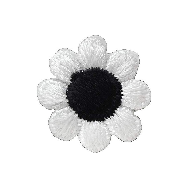 1" White Daisy Flower with Black Center - Embroidered Iron