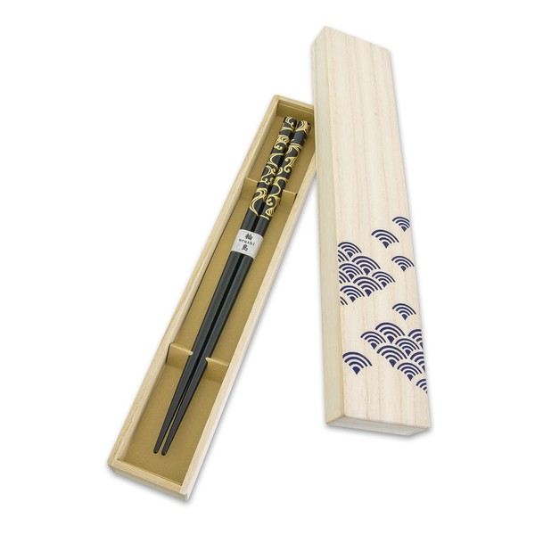 Hashimoto-Kousaku Wajima Japanese Natural Lacquered Wooden Chopsticks Reusable in Gift Box, Seasonal Scenery Kinnonami (Black) Made in Japan, Handcrafted