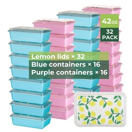32 Pack 42 oz Meal Prep Containers, Reusable Plastic Food Prep Storage Containers with Printed Lids, Stackable, Leakproof, Microwave & Freezer & Dishwasher Safe,To Go Take Out Box, Lemon