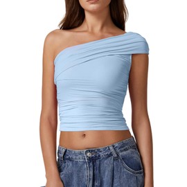 QINSEN Y2k Tops for Women Double Lined Fold Over One Shoulder Crop Top Sleveless T Shirts Light Blue S